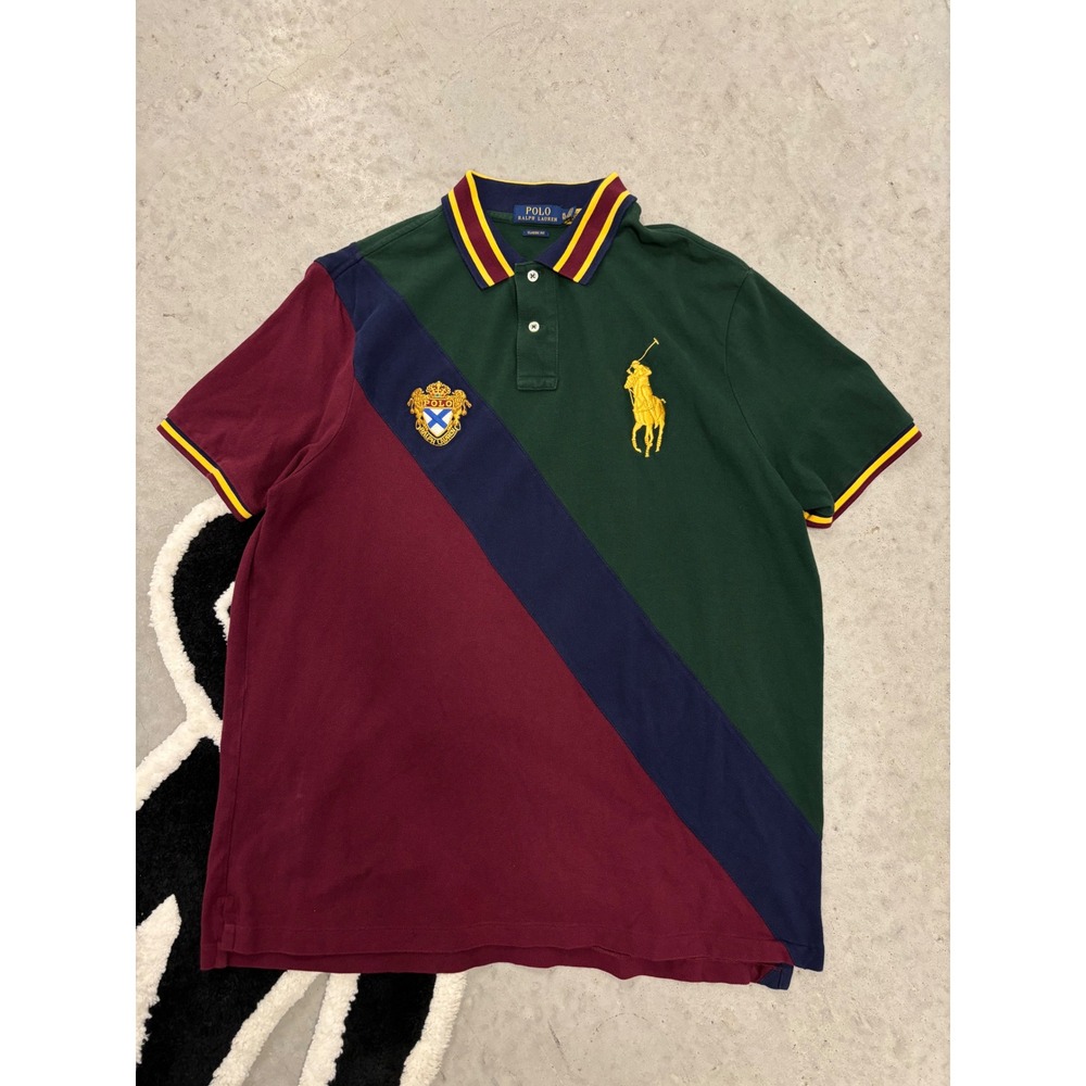 Polo Ralph Lauren Mens Colorblock Crest Polo Shirt XL Green Burgundy Navy Pony